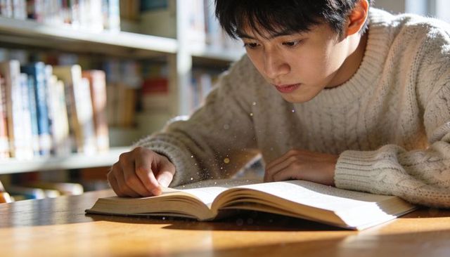 Teen reading in sunlit library, finger tracing lines in open book, focused student studying
