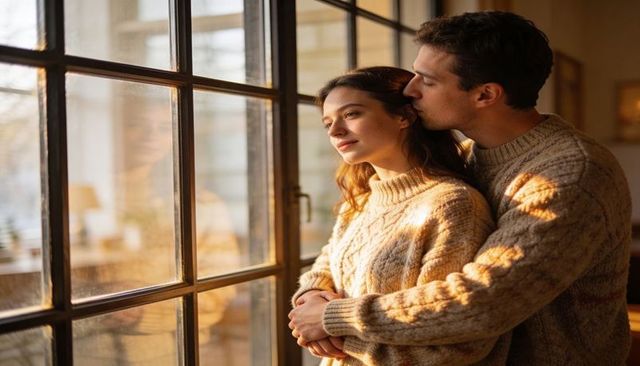 Couple embracing by sunlit grid window wearing knit sweaters, cozy intimate moment