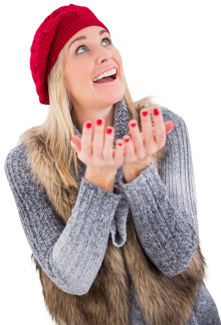 Smiling Blonde Woman in Winter Clothes Wearing Red Hat and Grey Sweater Transparent - Download Free Stock Videos Pikwizard.com