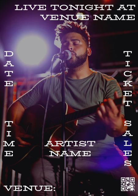 This template features a Caucasian man performing with a guitar on stage, ideal for promoting live music concerts. The poster layout includes sections for venue name, artist name, date, time, and ticket sales information. Perfect for music events, concerts, and artist promotions in various venues.