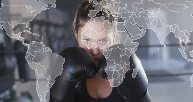 Close-up image of determined woman wearing boxing gloves with world map overlay. Ideal for concepts related to global fitness, women empowerment, professional training, and international sports. Could be used in advertisements, blog articles about women's sports or global boxing events, and promotional materials for fitness gyms or programs.