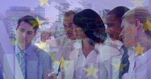business team analyzing data overlayed with stock market and eu symbols - Download Free Stock Images Pikwizard.com