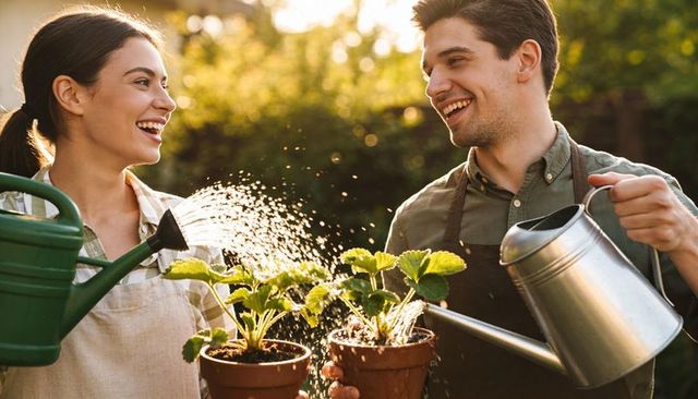 Smiling couple watering potted plants in backyard during golden hour, gardening together