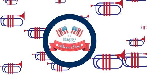 Happy Labor Day Text with Patriotic Icons on White Background