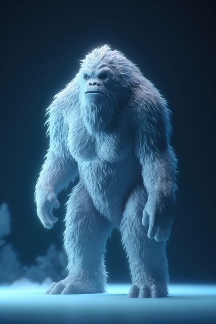 Realistic 3D rendering of a Yeti, showcasing intricate fur detail in a snowy environment. Perfect for winter-themed artworks, animation projects, fantasy and mythology publications, or promotional materials for movies and video games involving legendary creatures.
