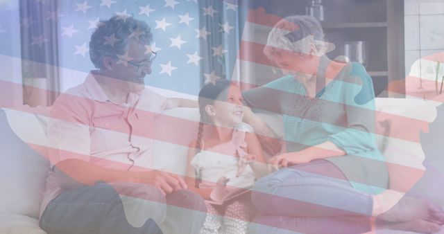 Happy Family Bonding on Couch with USA Flag Overlay - Download Free Stock Images Pikwizard.com