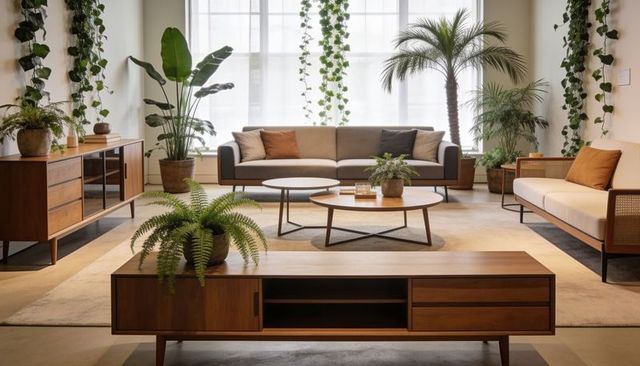 Midcentury living room with gray sofa, wooden furniture and lush indoor plants