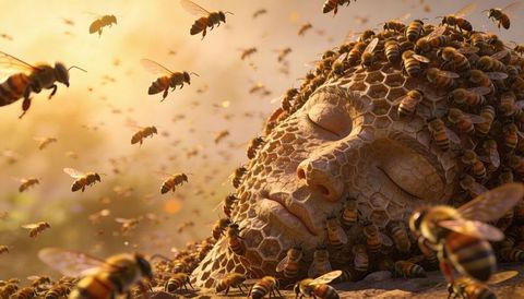 Sleeping honeycomb face attracting swarming honeybees in golden backlit light, surreal