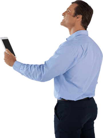 Side View Transparent Happy Businessman Holding Tablet - Download Free Stock Videos Pikwizard.com