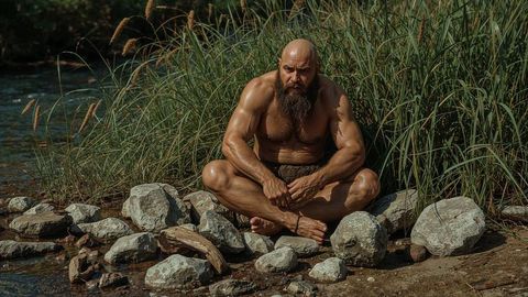 Caveman meditating at natural riverbank environment