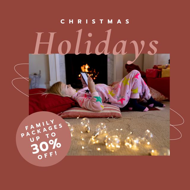 Composition of christmas holidays offer text over caucasian girl by fireplace at christmas home. Christmas holidays, festivity, tradition and celebration concept.
