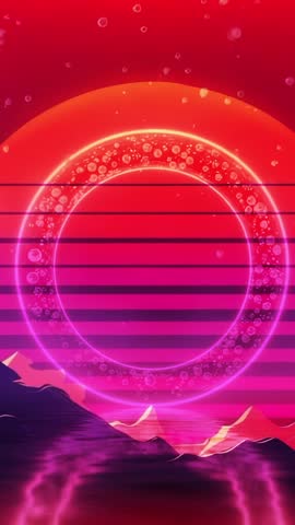 Pulsing Neon Orb Rotating Bubble Ring Over Mountain Lake with Sweeping Glitch Bars