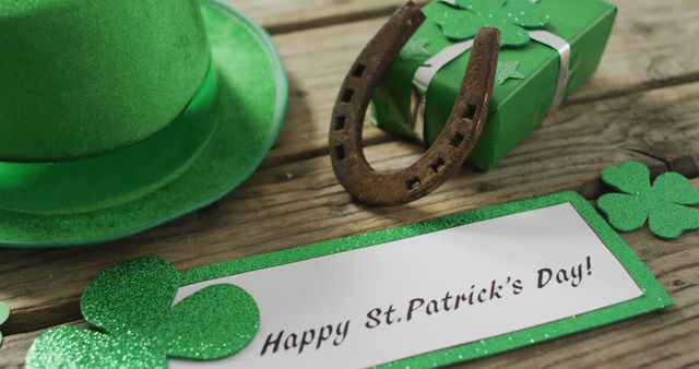 Happy st patricks day text with shamrocks and green hat with copy space on wooden table. Irish tradition and st patrick's day celebration concept digitally generated image.
