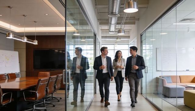 Walking business team holding coffee and talking in modern glass office corridor
