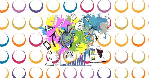 Colorful business icons on vibrant abstract background