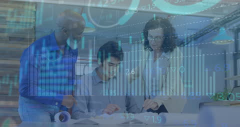 Diverse Team Analyzing Financial Data with Statistics Overlay