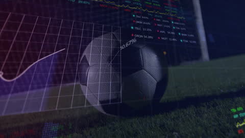 An innovative conceptual representation juxtaposing a soccer ball on a lush green field with overlay graphs depicting financial data. The video links the often thrilling world of sports to the analytical dynamics of stock and financial analysis, ideal for use in contexts discussing investments in sports industries or the growing relationship between sports and economics. Perfect for articles and marketing material addressing themes like sports betting, financial strategy in sports, or technology in esport. Can also illustrate concept studies related to corruption, gambling, and transparency concerns in sports business.