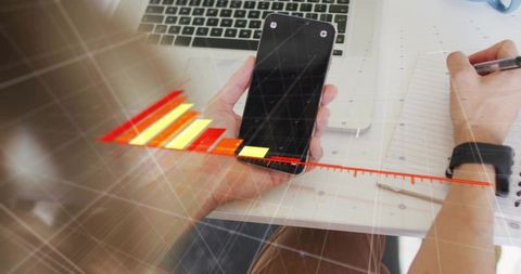 Woman Multi-tasking with Smartphone and AR Data at Work Desk