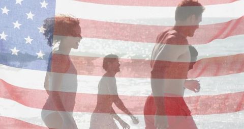 Friends walking on beach with american flag overlay patriotic summer coastal lifestyle