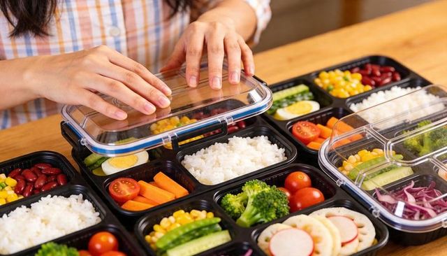 Hands securing meal prep bento containers with rice and vegetables on wooden table