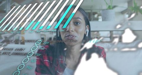 Woman explaining analytics with augmented reality HUD overlay during remote video call