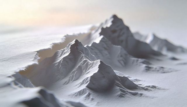 Monochrome macro mountain range with textured snow ridges and dramatic studio lighting