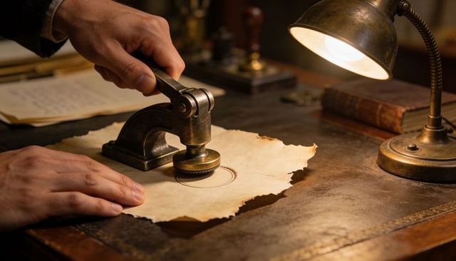 Antique Embossing Press Pressing Circular Seal on Aged Parchment under Desk Lamp with Brass