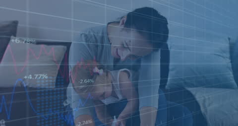 Mother Holding Child with Digital Business Analytics Overlay