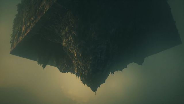 Inverted mountain floating amidst mystical fog