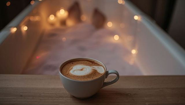 Cozy bathtub latte moment with warm string lights, candle glow and bubbles