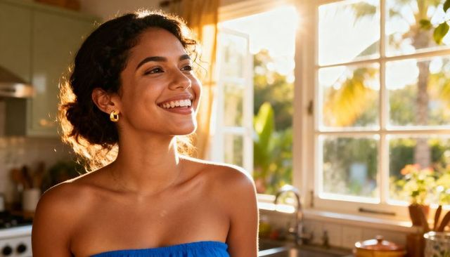 Sunlit smiling hispanic woman in blue strapless top by kitchen window