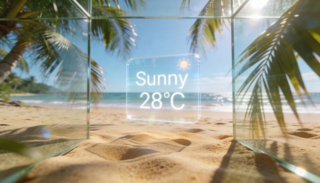 Holographic weather widget displaying sunny 28°c over tropical beach framed by glass