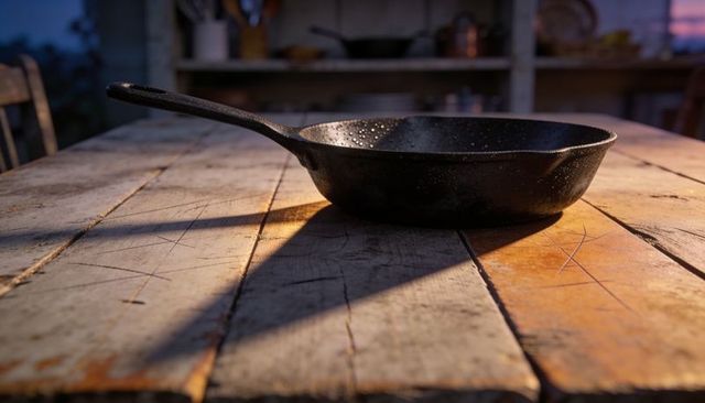 Seasoned cast iron skillet resting on rustic farmhouse table casting long shadow