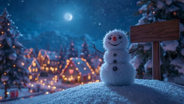 Snowman on Snowy Hill Overlooking Christmas Village