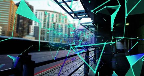 Futuristic digital network overlaid on urban walkway
