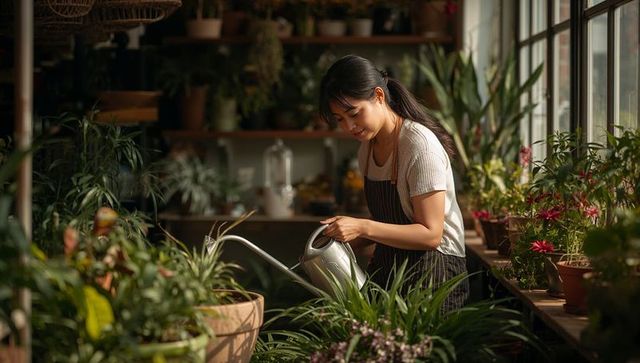 Asian woman gardener wearing striped apron watering indoor plants with metal can in sunlit nursery