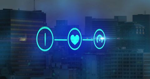 Digital Media Icons Over Urban Cityscape Background - Download Free Stock Images Pikwizard.com