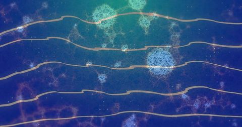 Gliding tan bands crossing nebulous blue-to-teal field, fractal light clusters radiating