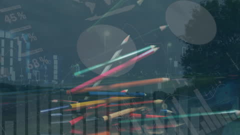 Pencils Overlaid with Business Analytics and Cityscape