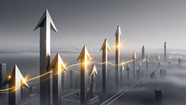 Futuristic Arrows: Innovation and Growth in Foggy Urban Landscape
