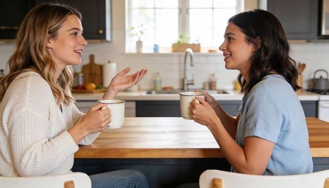 Two friends chatting over coffee at cozy kitchen island sharing warm morning conversation