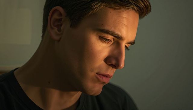 Contemplative fair-skinned male looking down in warm side light, chiaroscuro intimate portrait