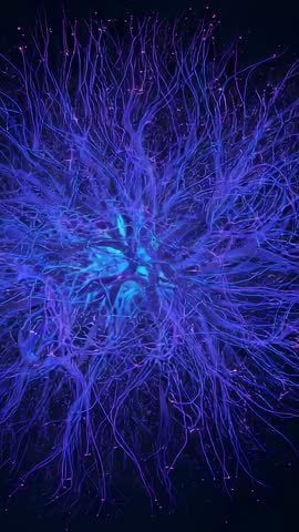 Vertical video pulsing blue core radiating neon filaments with drifting pink sparks