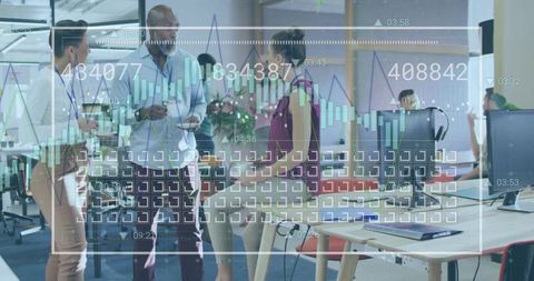 Business team collaborating in open office with financial analytics overlay and dashboard
