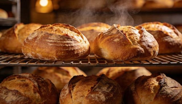 Rustic sourdough loaves resting on rack with steam rising, golden crust bakery warmth