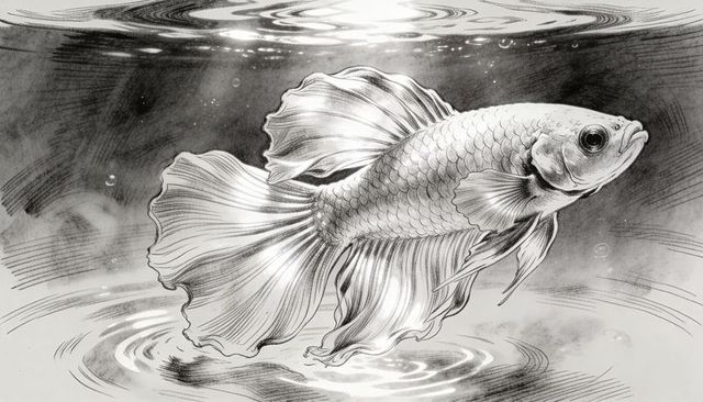 Monochrome betta fish illustration with flowing fins, detailed scales and water ripples
