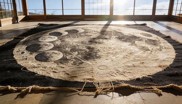 Handwoven lunar tapestry rug basking in golden sunlight featuring moon phase motifs