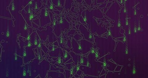Pulsing neon network of connected nodes and binary code in purple green tech gradient