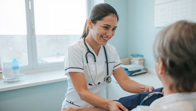 Smiling nurse measuring blood pressure of senior patient during clinic consultation