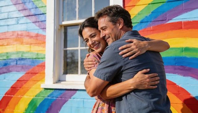 Smiling couple hugging before colorful rainbow mural expressing warm genuine affection